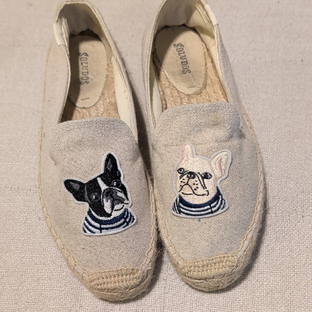 Soludos Beige Espadrilles with French Bulldog Embroidery